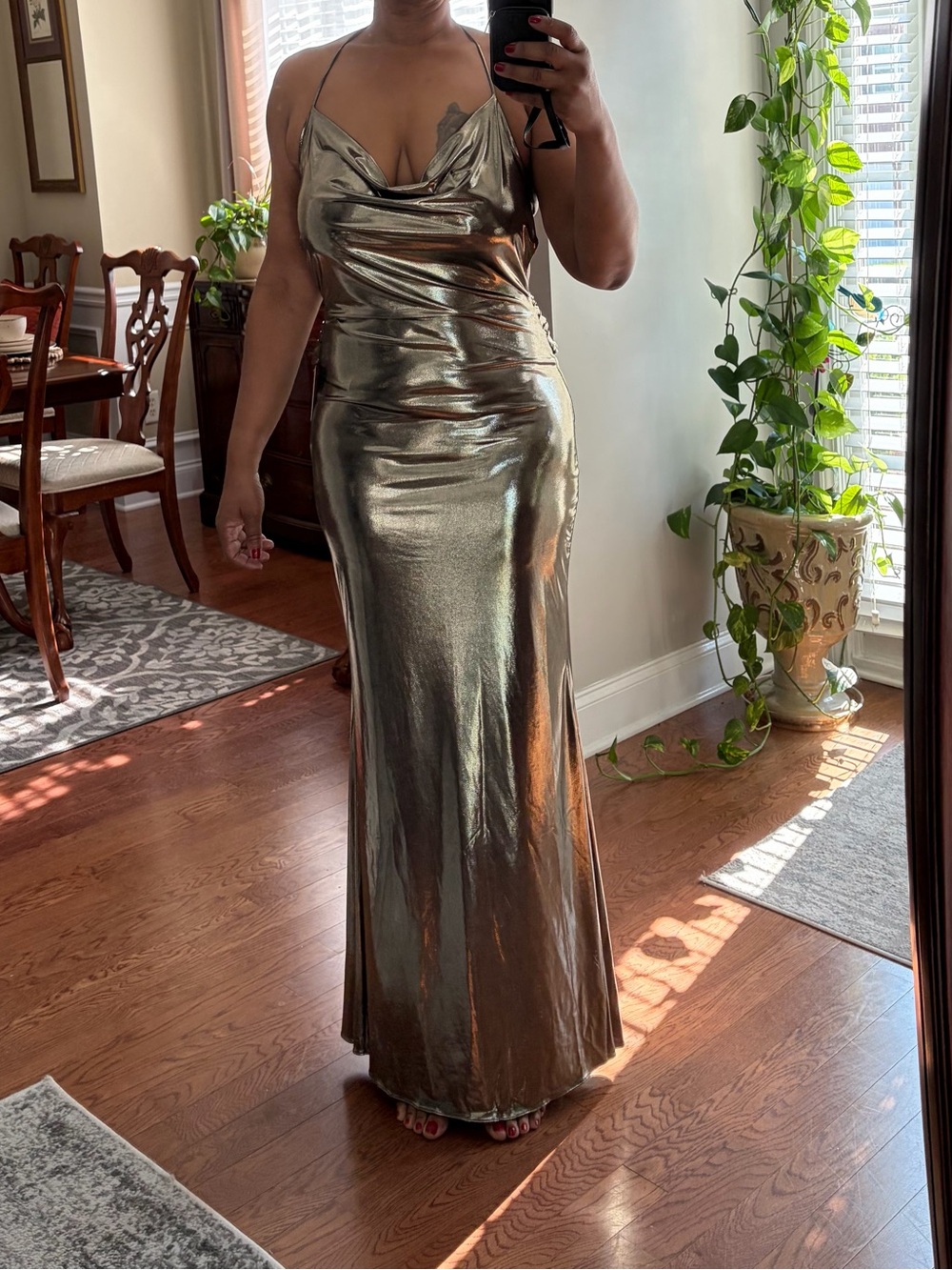 JLUXLABEL Metallic Gold Cowl Neck Maxi Slip Dress